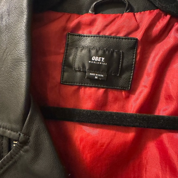 Sold *Obey Black faux Leather Jacket with Red Lining - Picture 5 of 10